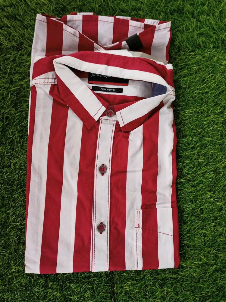 JOHN PLAYERS Red &amp; White Striped Cotton Shir