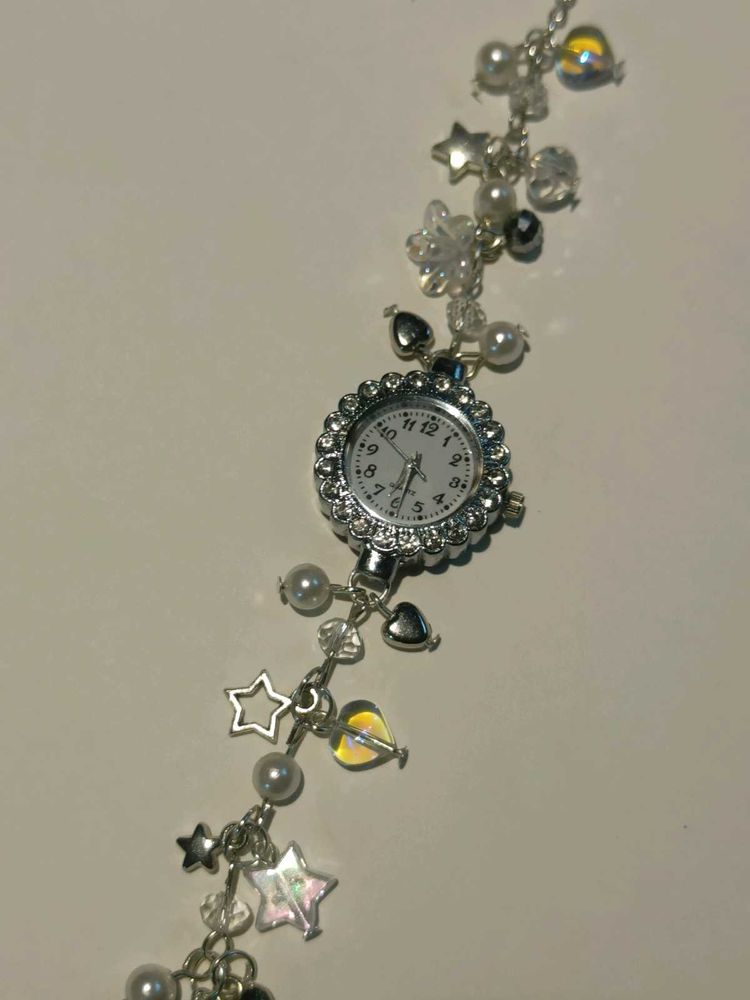 y2k Silver Bracelet Watch with Charms