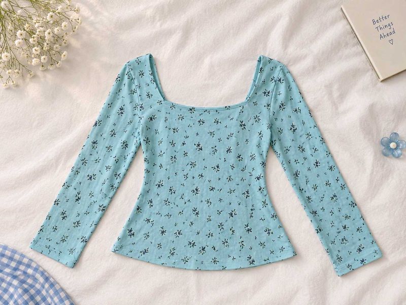 Blue Ditsy Floral Square Neck Top