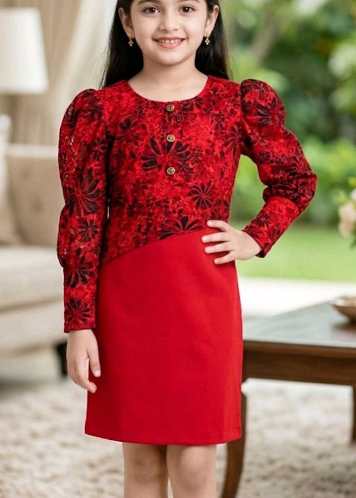 Red Printed Puff Sleeves dress 8to10 years
