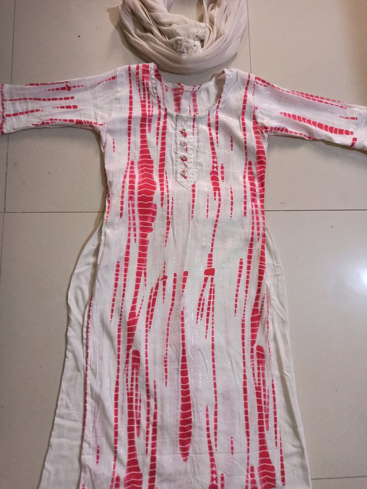 Pink&amp;White Color Kurti Palazo Set With Dupatta