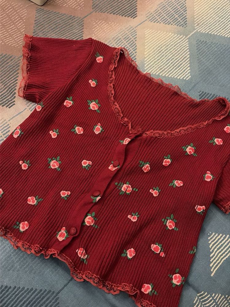 Red Floral Print Knit Top