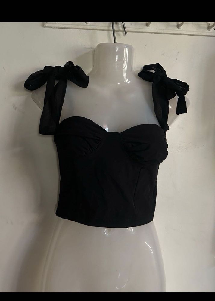 Black Tie-Shoulder Crop Top