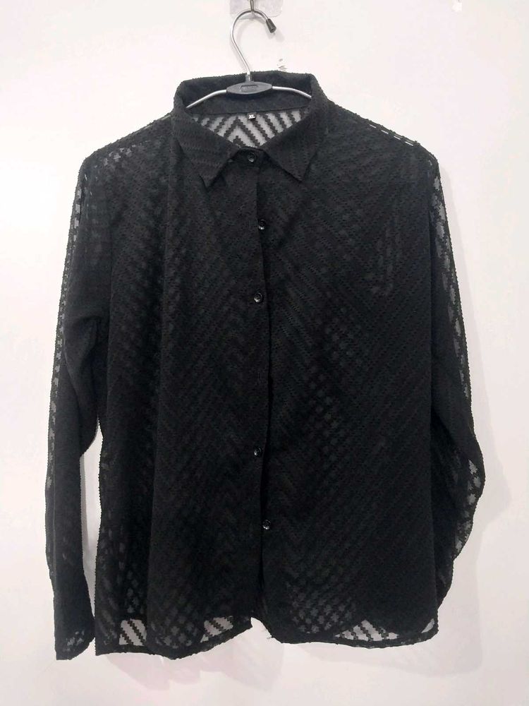 Black Textured Sheer Button-Up Shirt