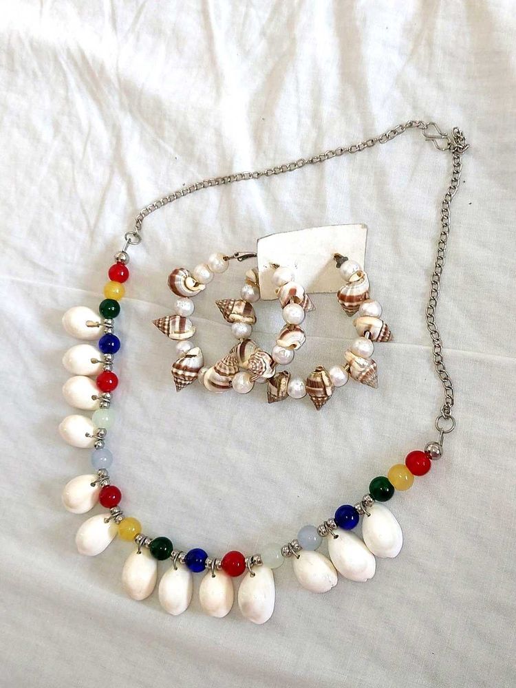 Seashell &amp; Bead Necklace &amp; Earrings Set
