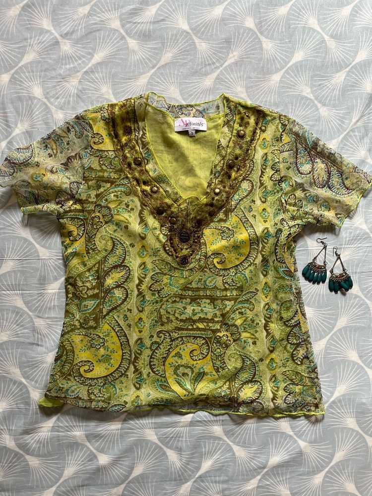 Embellished Boho Print Tunic Top