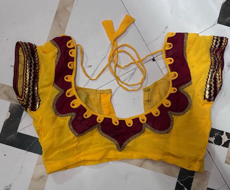 Yellow &amp; Maroon Embroidered Blouse