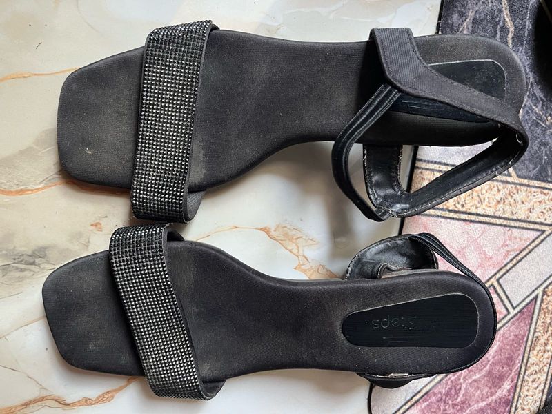 Sparkling Black Block Heel Sandals