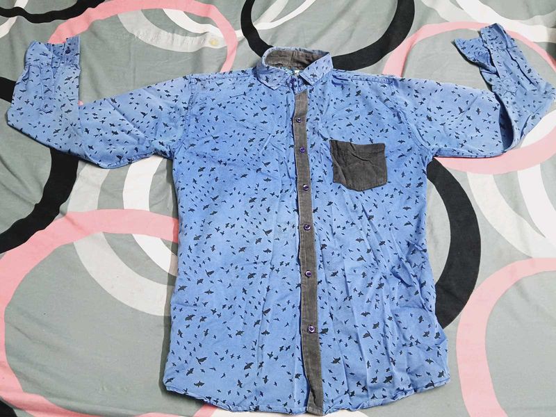 Blue Bird Print Casual Shirt