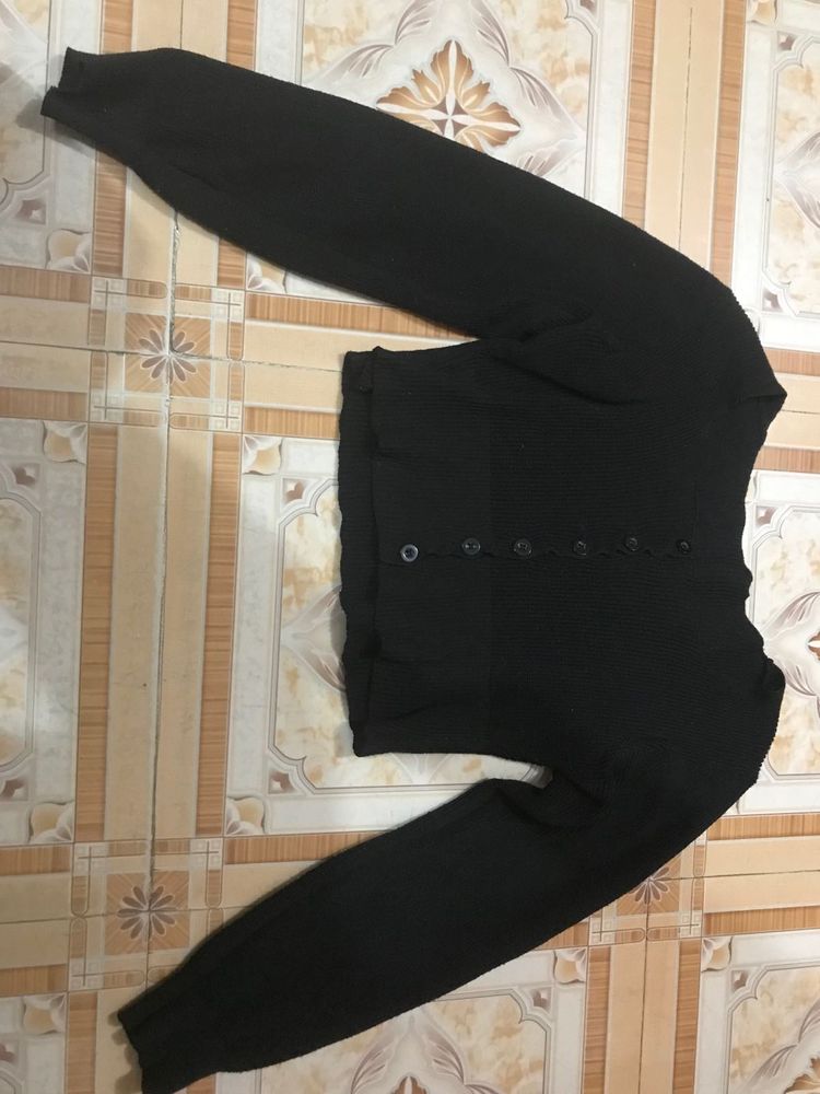 Black Cropped Button-Up Cardigan