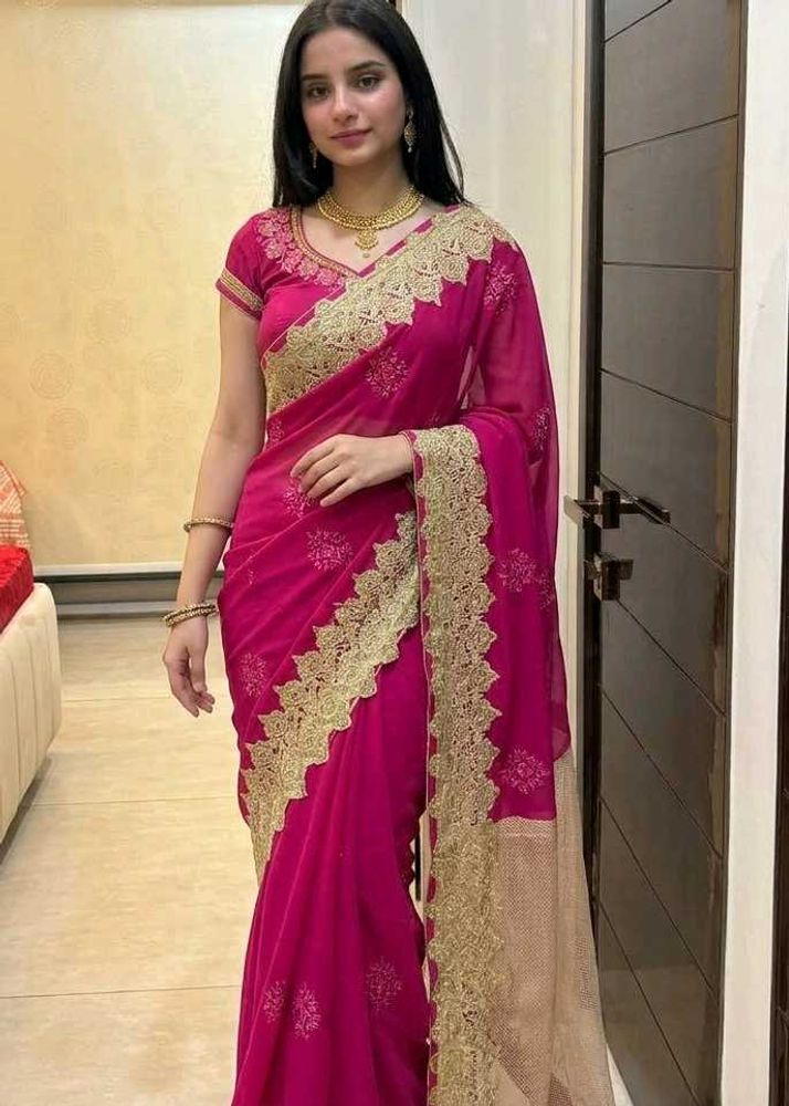 Elegant Pink Saree with Gold Lace