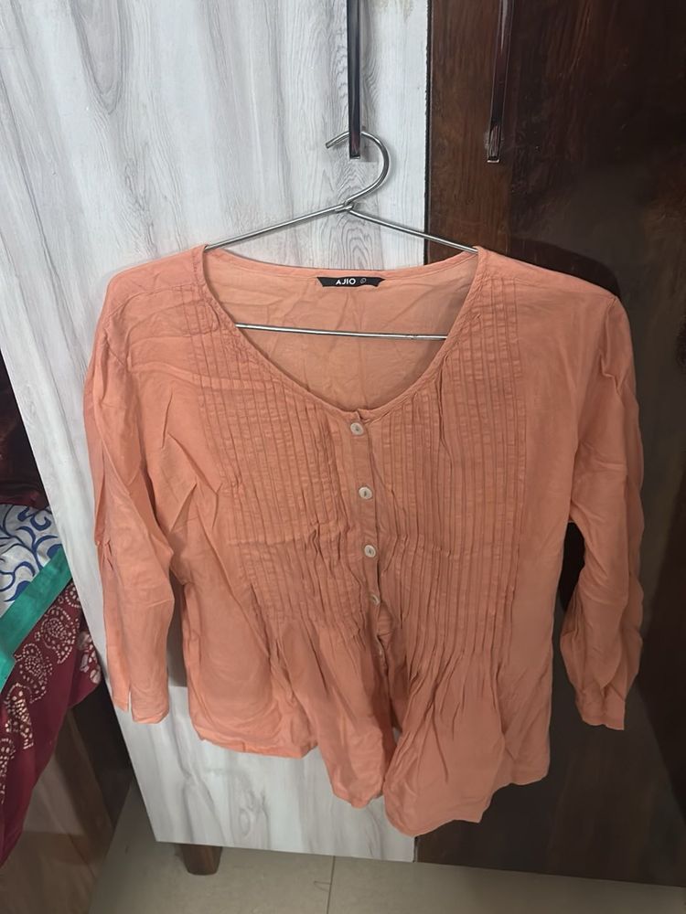Peach Pleated Button-Up Top