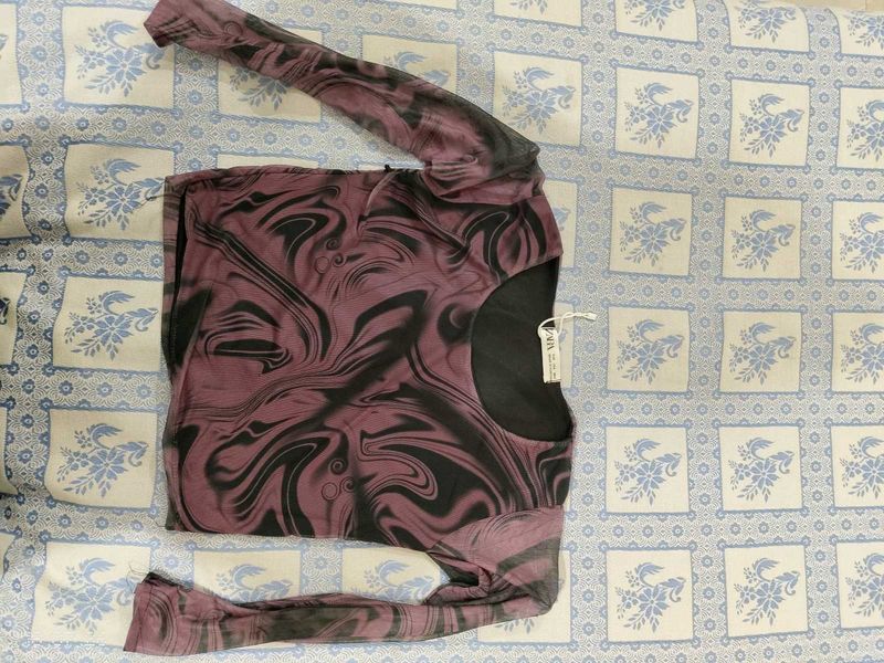 Sheer Marble Print Long Sleeve Top