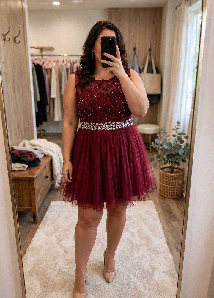 Burgundy Beaded Tulle Dress