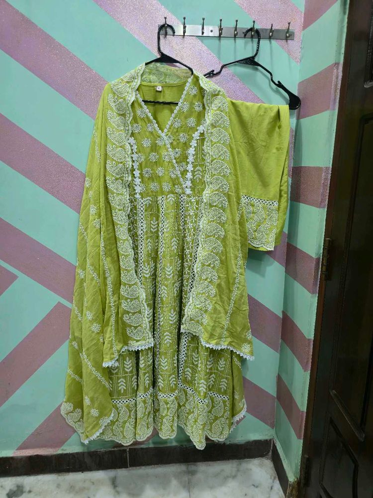 pure mulmul embroidered anarkali suit set green