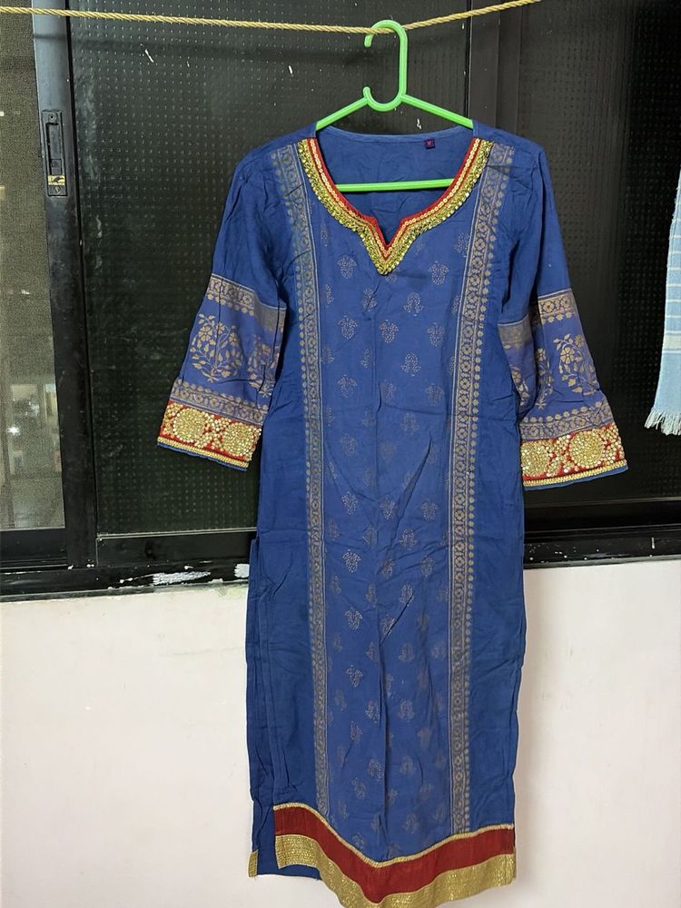 Blue Ethnic Kurta with Gold Print