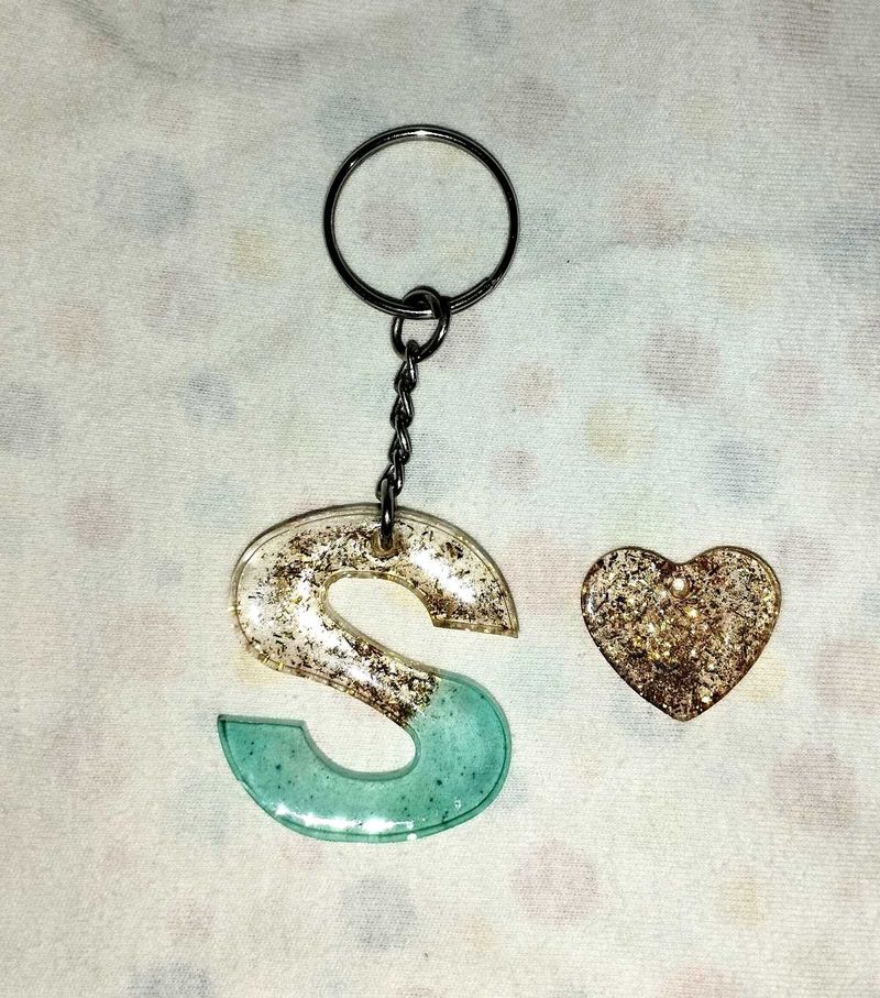 Resin Letter S Keychain with Heart Charm