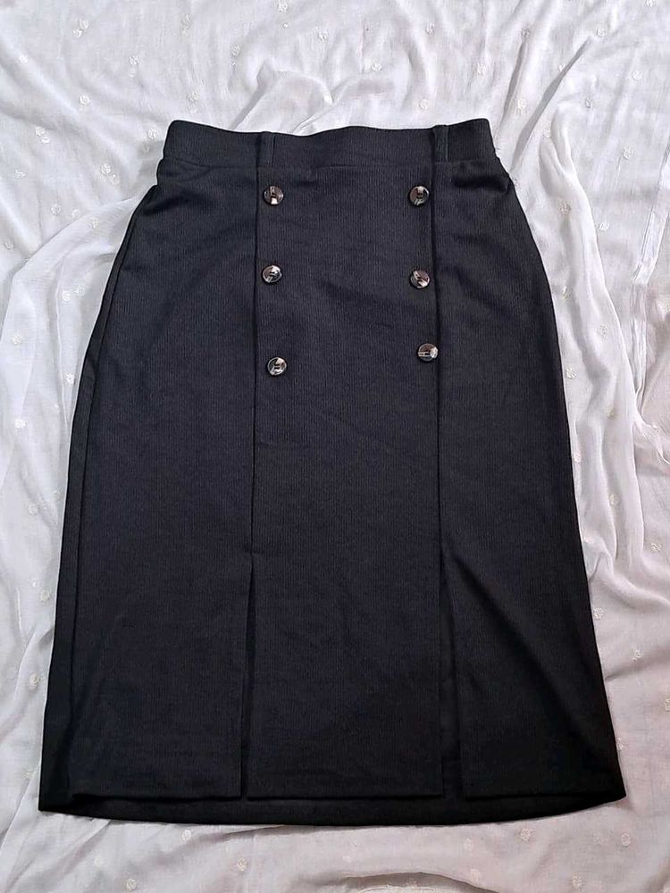 Stylish Black Button Front Midi Skirt