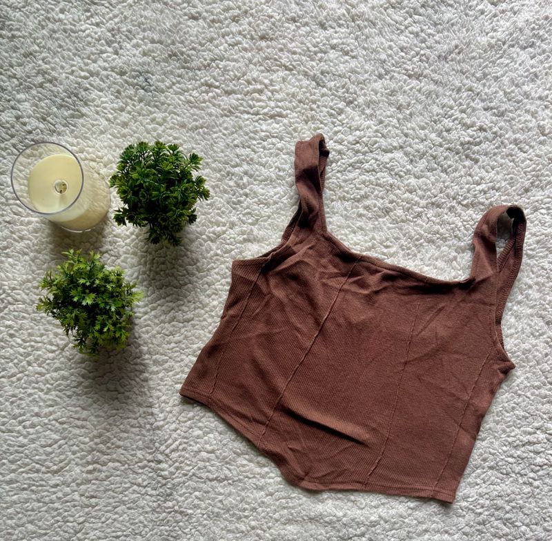 Brown Ribbed Square Neck Tank Top