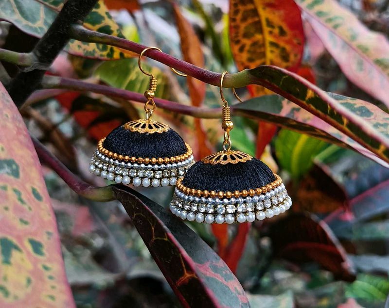 Black Silk Thread Jhumka Earrings
