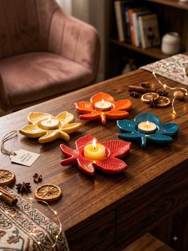 4 Leaf-Shaped Ceramic Tealight Holders