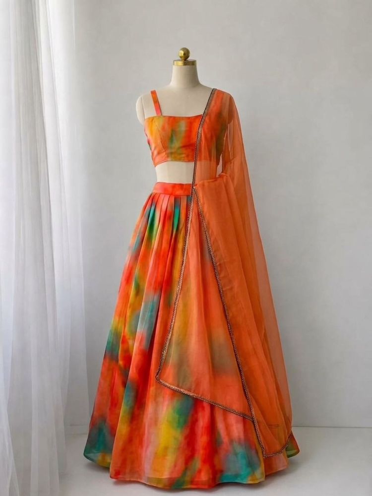 coral tye and dye Lehenga(unstitched blouse)