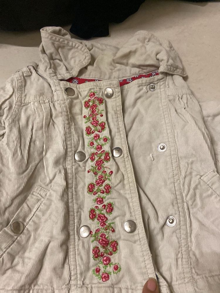baby Cream Corduroy Jacket with Floral Embroidery