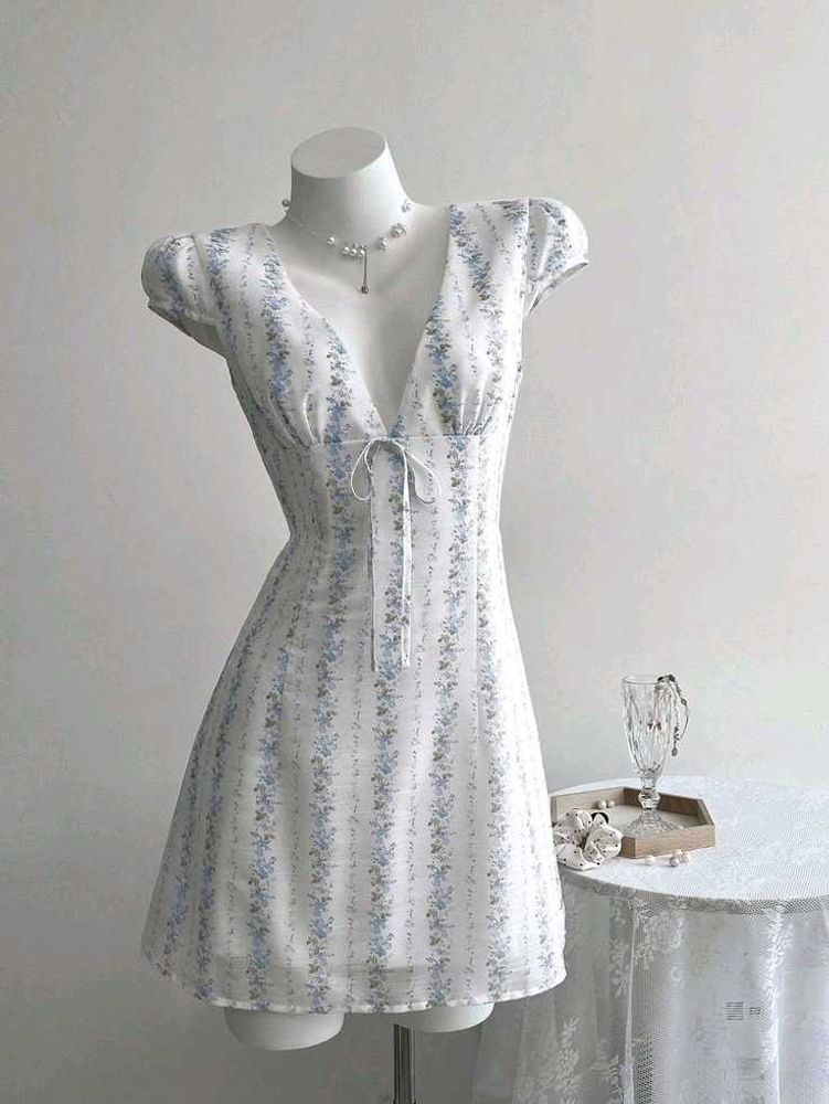 Floral Print Deep V-Neck Mini Dress