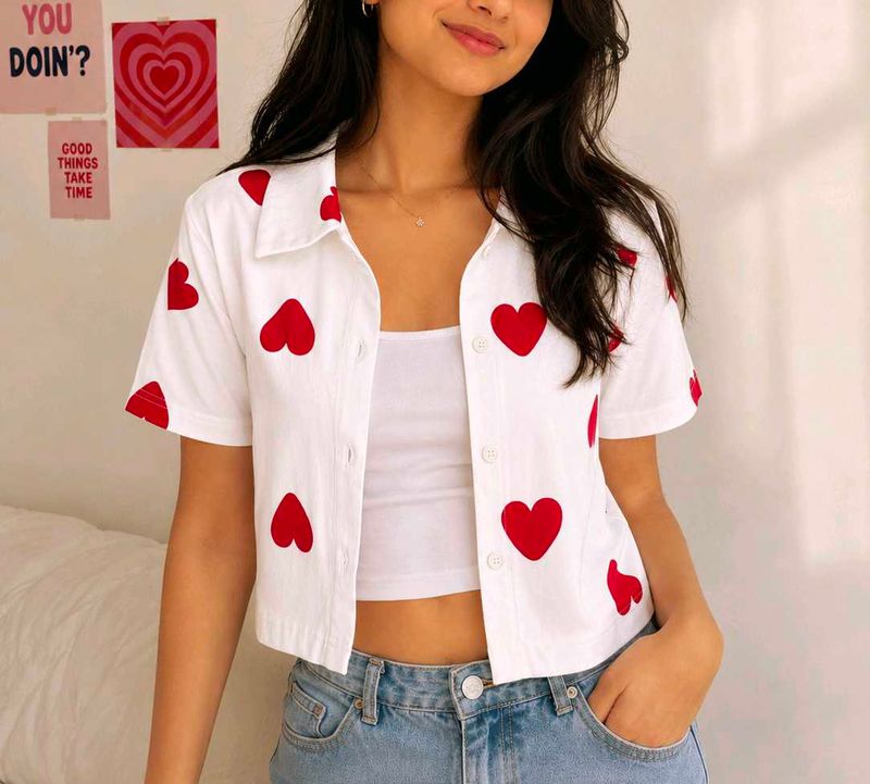 Cute White Heart Print Button-Up Shirt