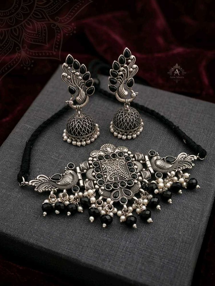 Oxidized Silver Peacock Jhumka Set
