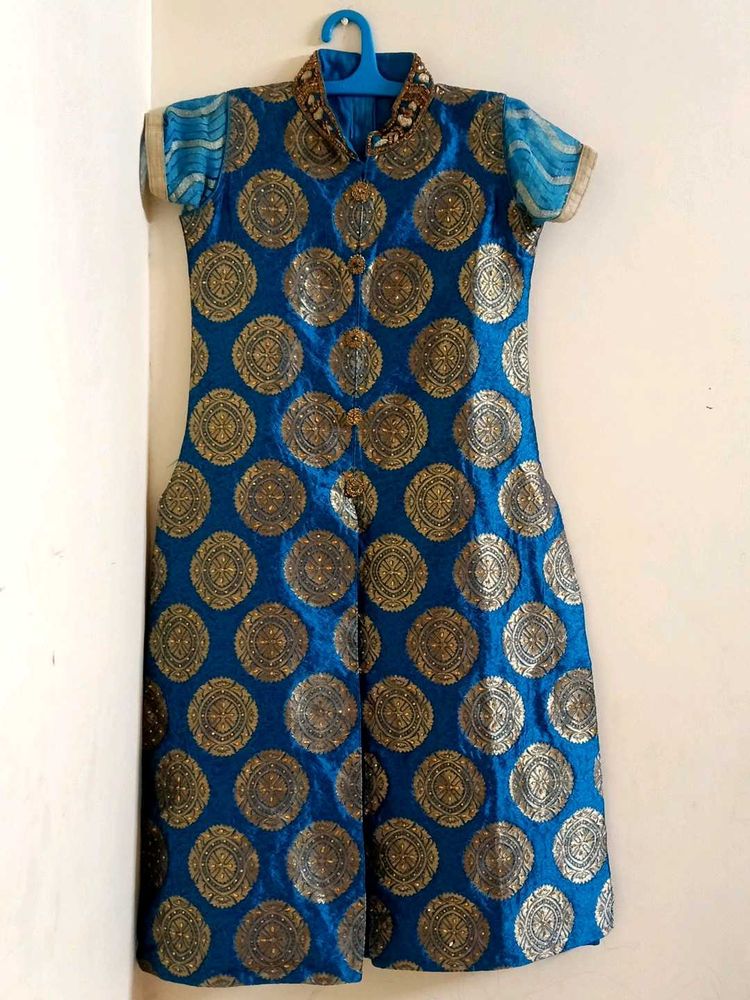 Elegant Blue &amp; Gold Brocade Dress