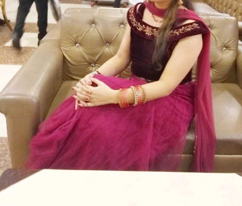 Burgundy Velvet and Net Lehnga