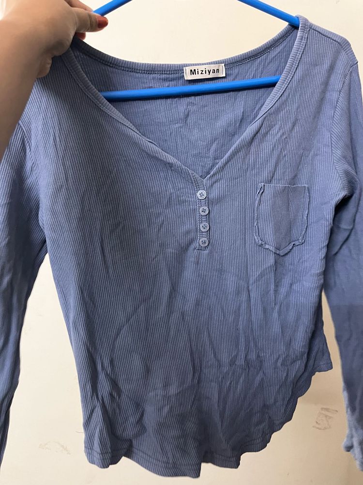 Blue Ribbed Long Sleeve V-Neck Top