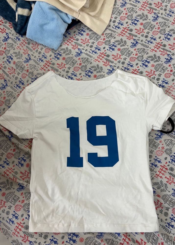 White T-Shirt with Blue '19' Graphic
