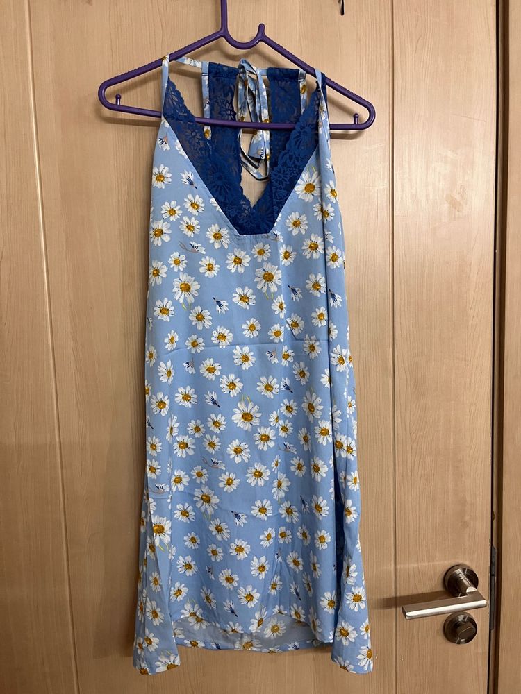 Blue Daisy Print Mini night dress with Lace