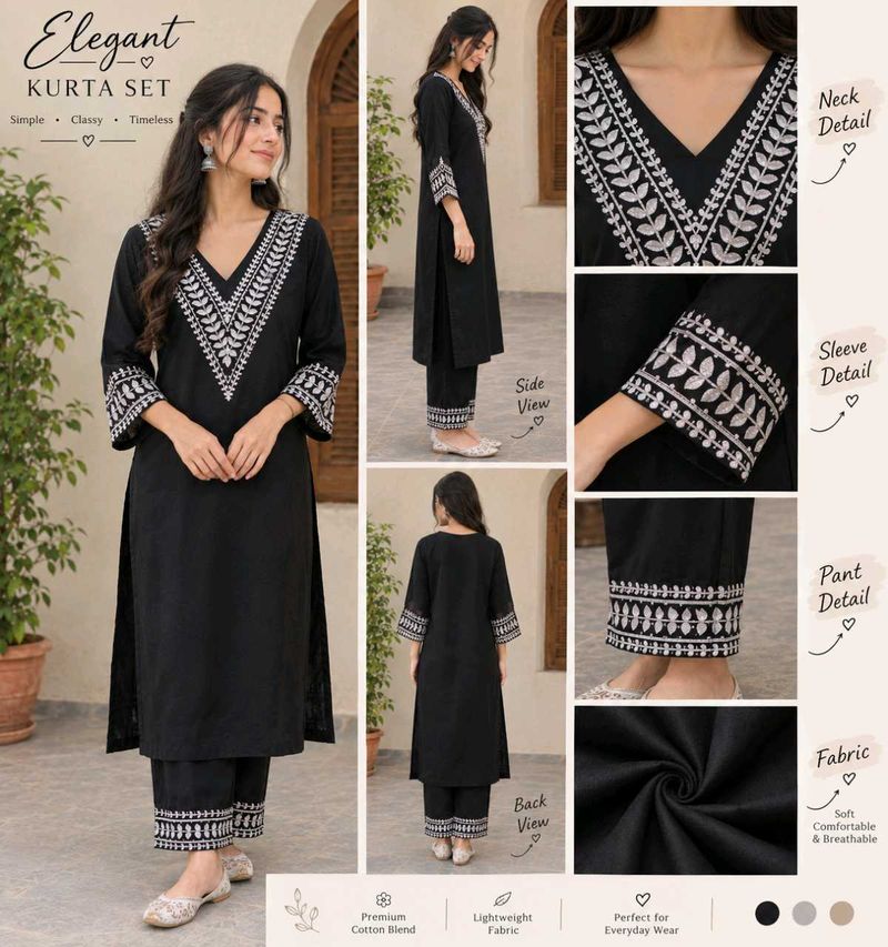 Elegant Black Kurta Set with White Embroidery