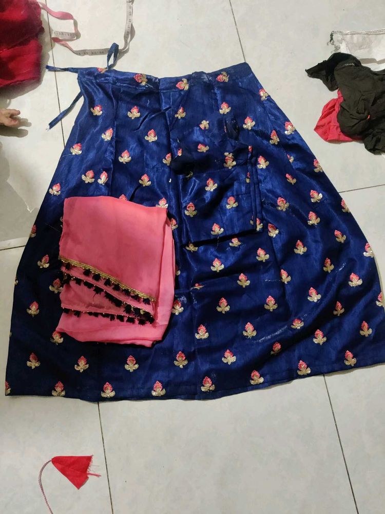 Blue Embroidered Lehenga with Pink Dupatta