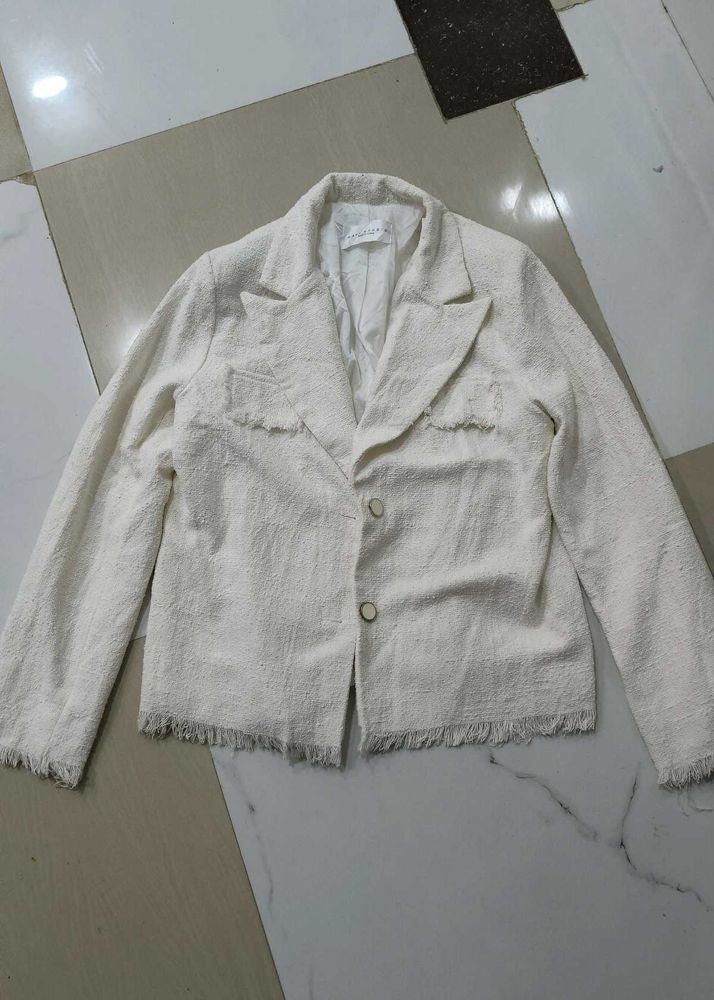 Cream Textured Fringed Blazer tweed jacket