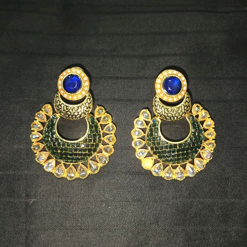 Blue Green Golden Gemstone Earrings