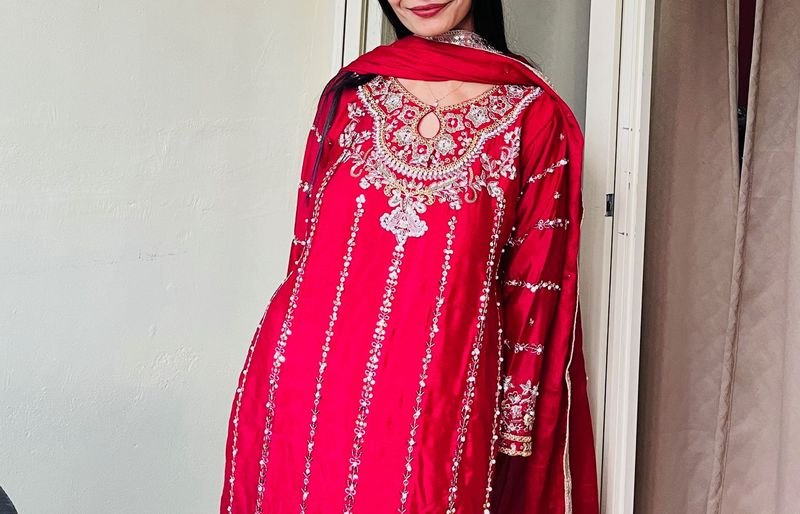 Embellished Red Kurta Set with Dupatta