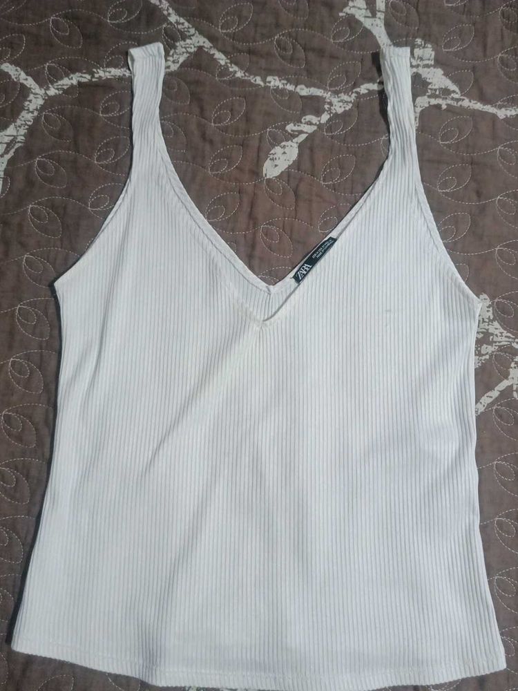 Ribbed White V-Neck Tank Top