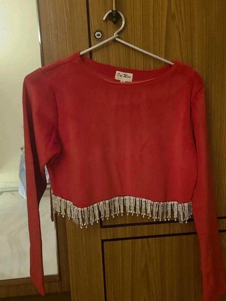 Red Cropped Top with Rhinestone Fringe