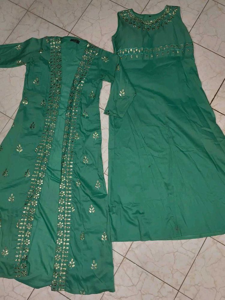 Embellished Teal Kurta Set with Jacket