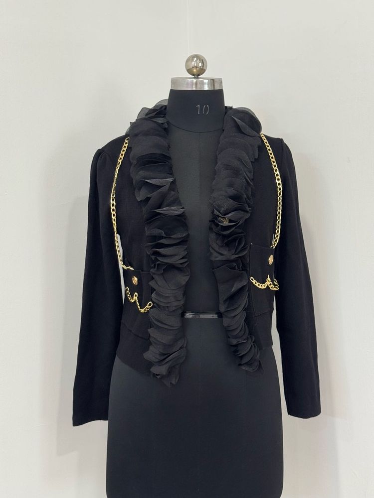 Chic Black Cropped Jacket with Ruffles