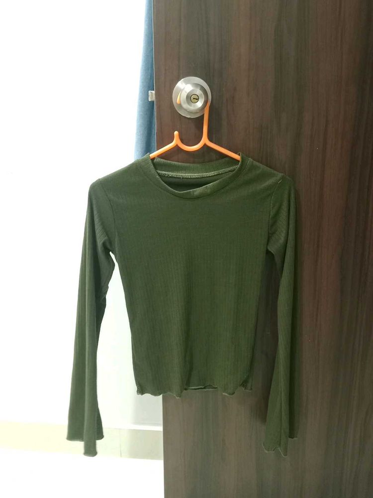 Olive Green Ribbed Long Sleeve Top
