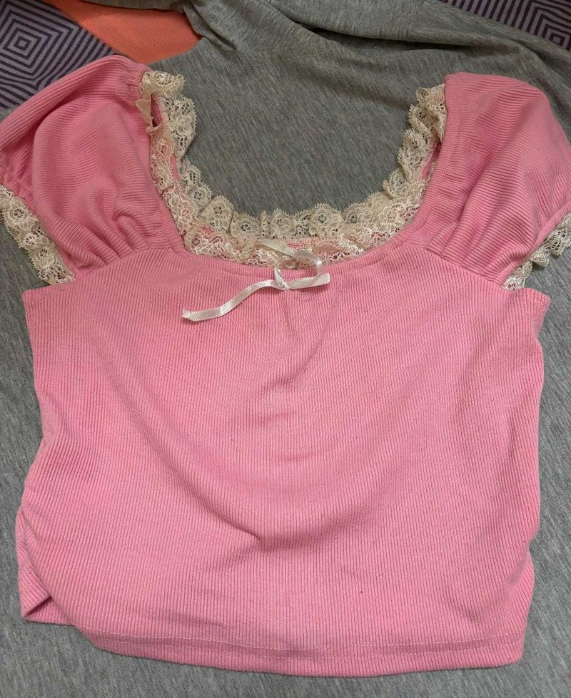 Cute Pink Lace Trimmed Top