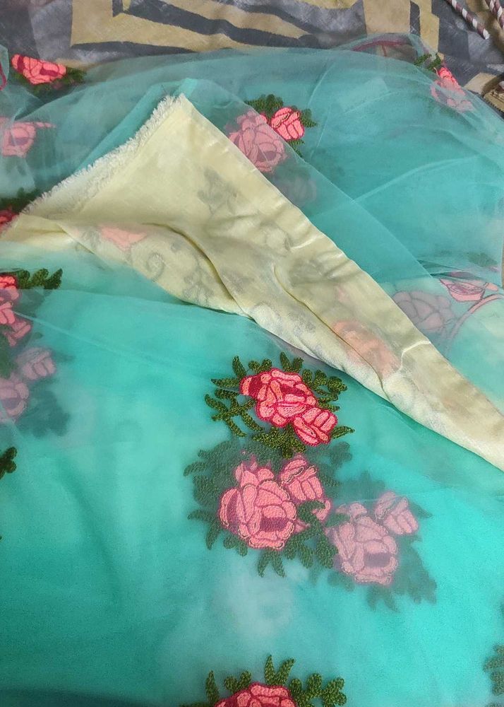 Beautiful Embroidered Teal Saree