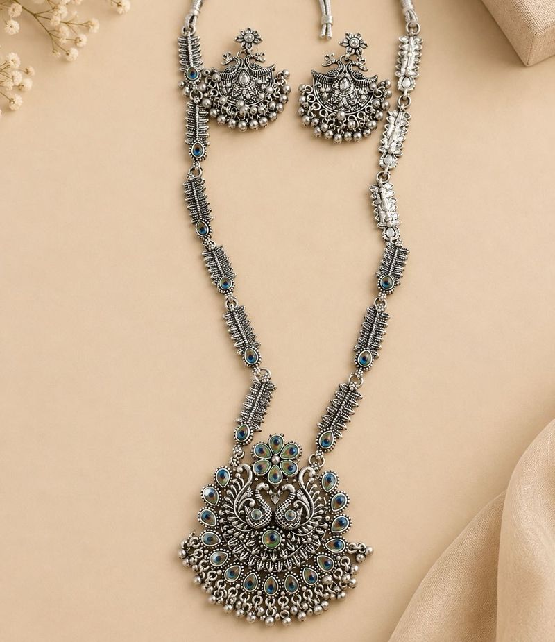 Oxidized Silver Peacock Necklace Set