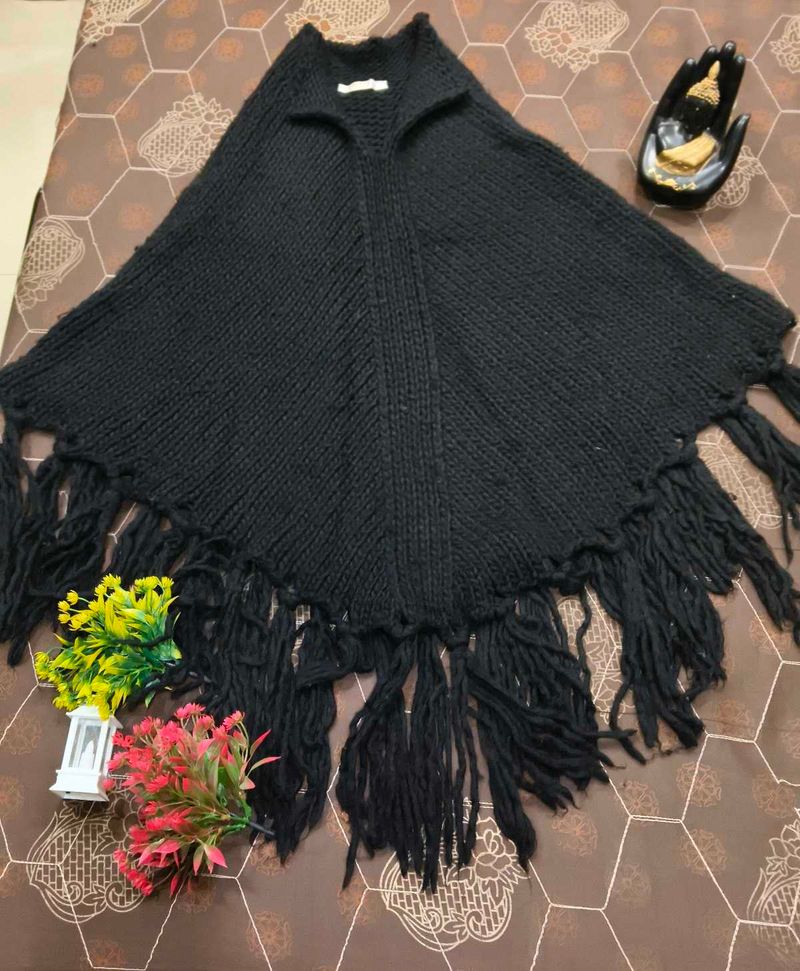 Black Fringe Knit Poncho