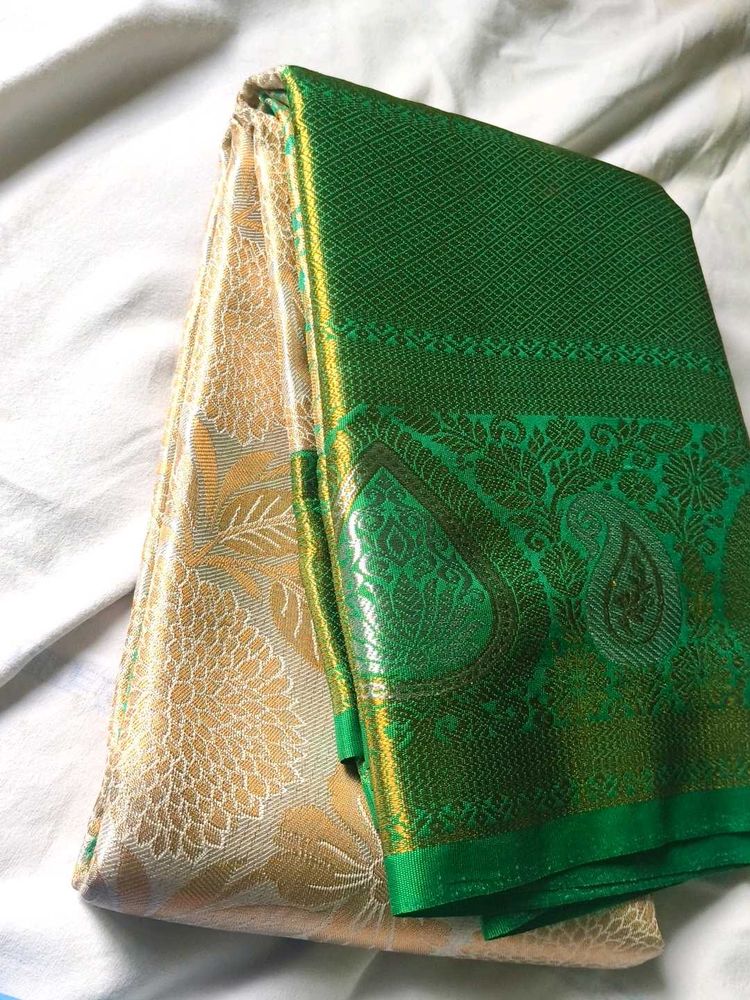 white and green Brocade rich silk saree